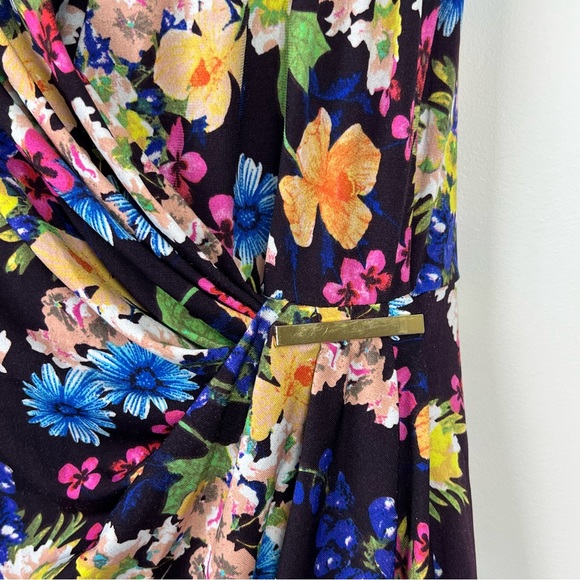 Leona Edmiston Dress Multicoloured Floral Draped Buckle Knee Length Size M 12 - Picture 8 of 11